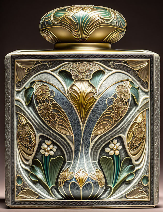 Art Nouveau Perfume Bottle with Gold, Green, & White Floral Designs