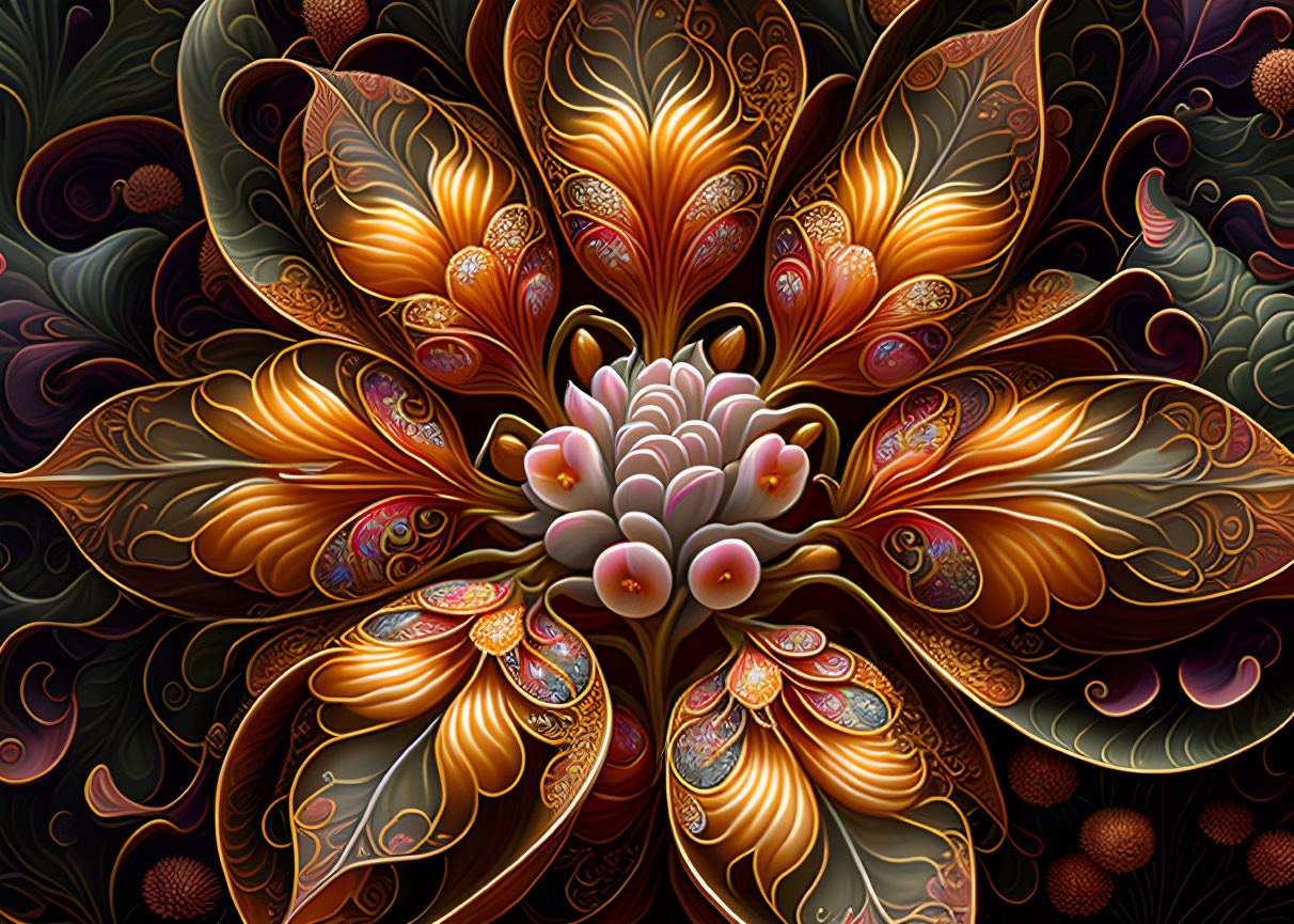 Colorful floral digital artwork with golden, orange, and pink hues on dark background