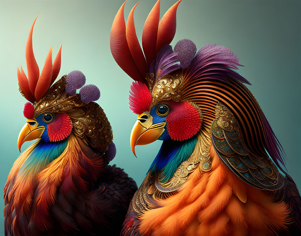 Colorful Roosters with Elaborate Feather Patterns on Teal Background