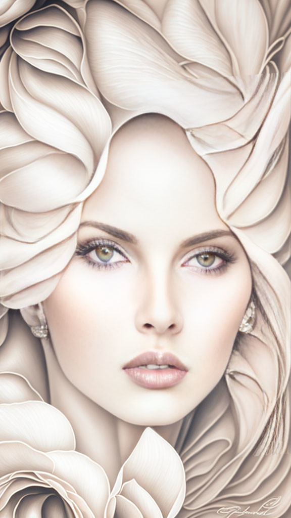 Ethereal woman's face with cream petals and piercing eyes.