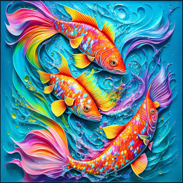 Colorful Digital Artwork: Three Fish in Swirling Blue Water