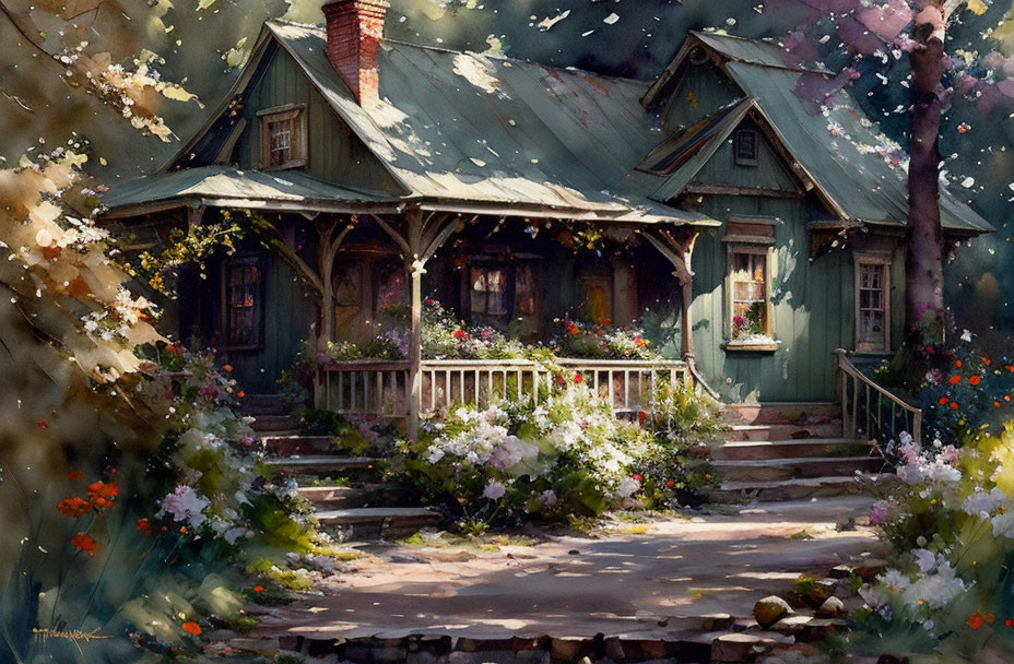 Charming cottage with floral porch, trees, and flowers in dappled sunlight