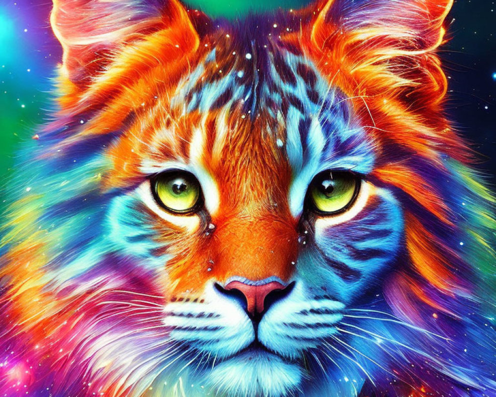 Colorful Cat Face Artwork with Intense Eyes on Cosmic Rainbow Background