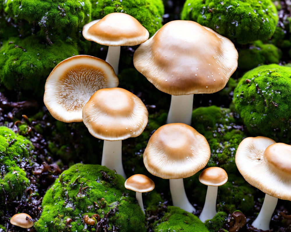 Wild Mushrooms with White Stems and Brown Caps among Moss-Covered Ground