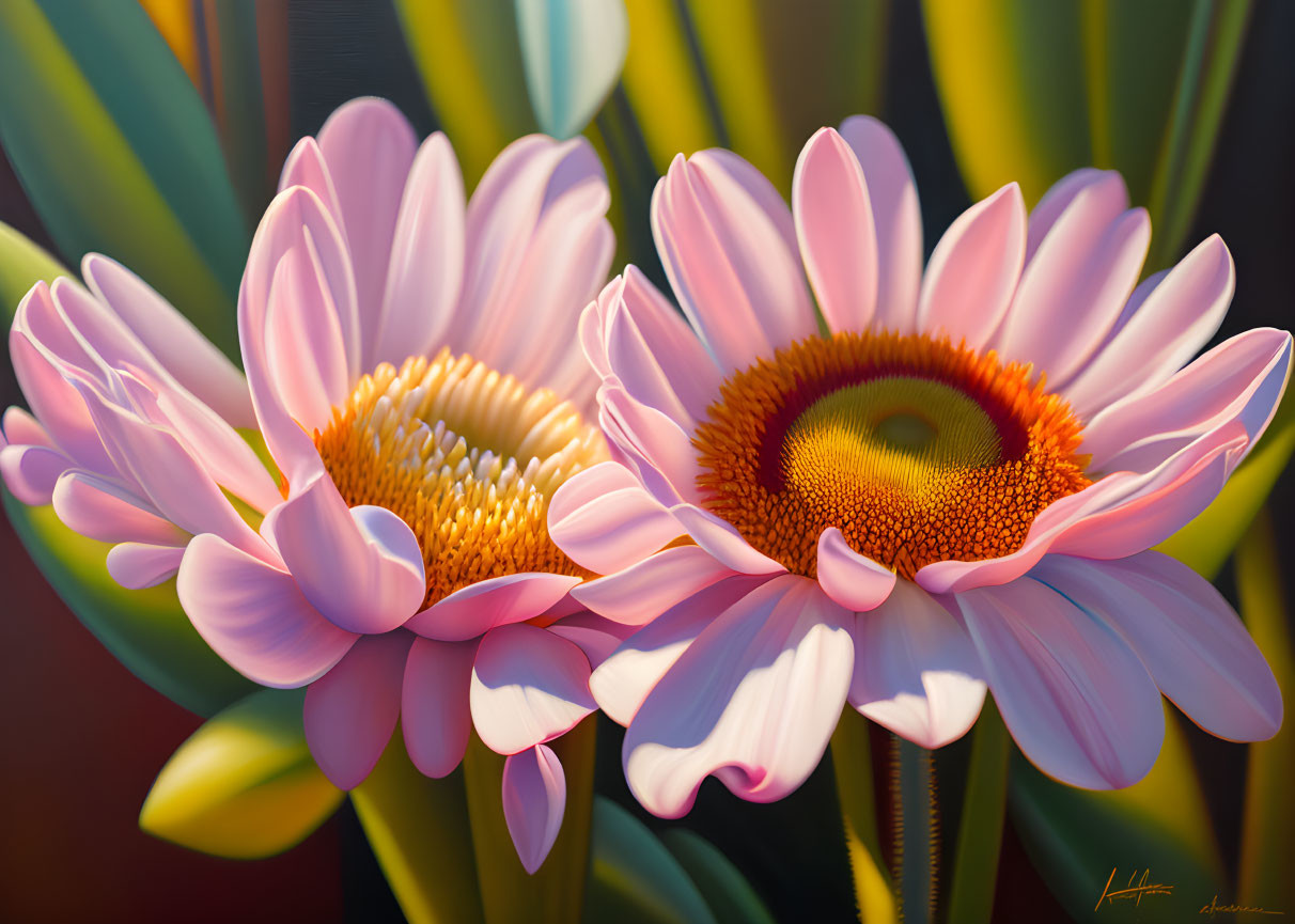 Vibrant Pink Gerbera Daisies with Yellow Centers on Green and Yellow Foliage