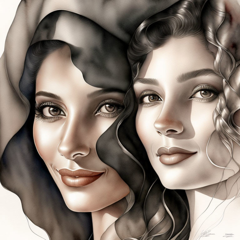 Monochrome illustration of two women gazing forward in mirrored image