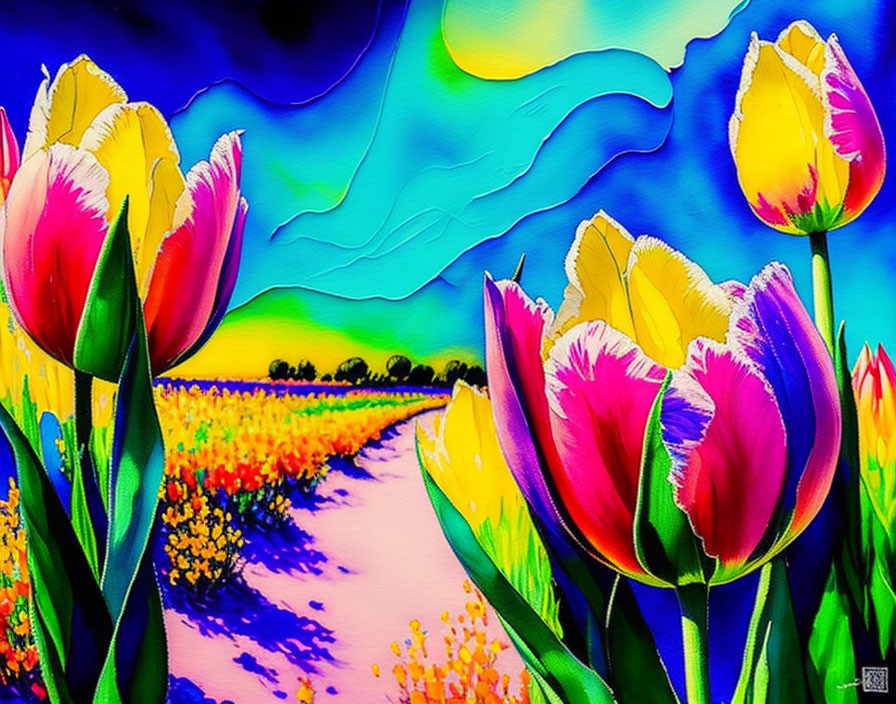 Colorful tulip painting with swirling blue sky and flower field path