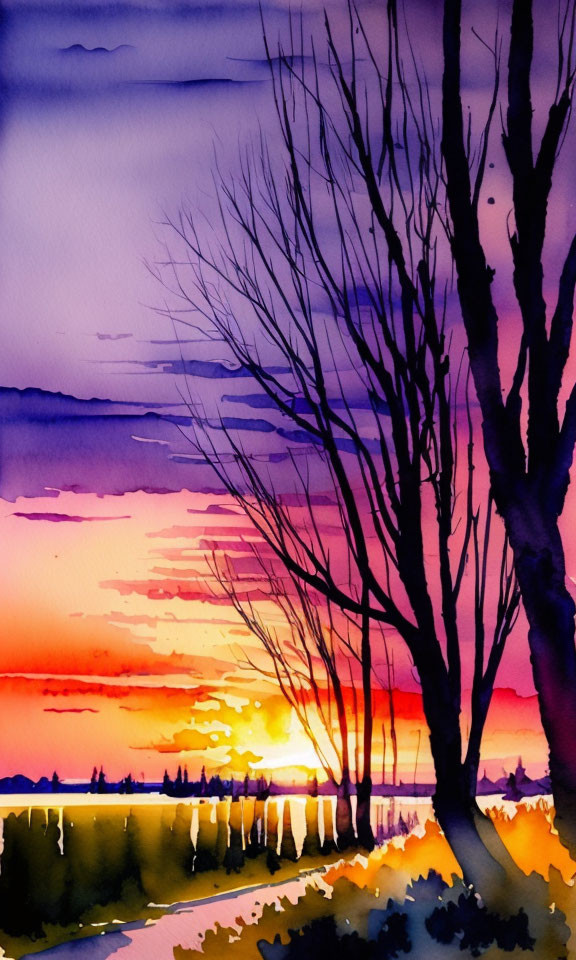 Colorful watercolor sunset painting with silhouetted trees in purple, blue, orange, and