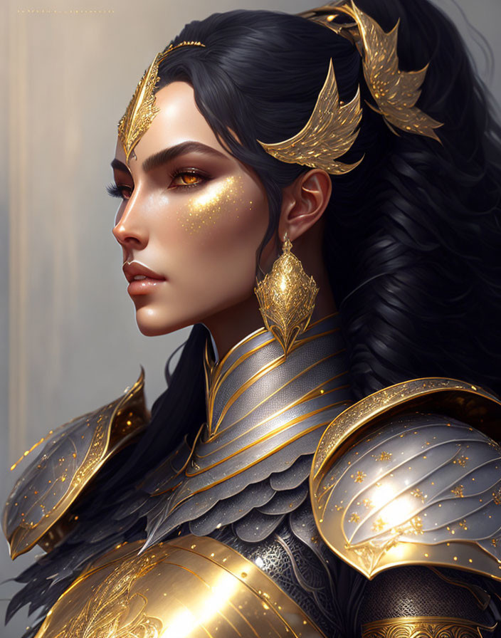 Digital portrait of woman in ornate golden armor with winged motifs