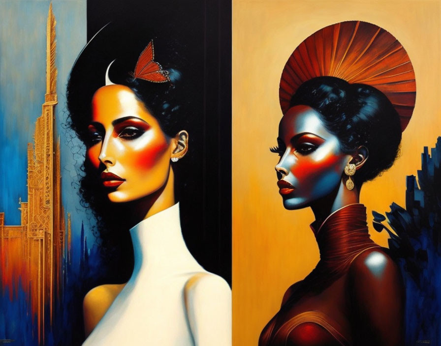 Stylized portraits of women with vibrant makeup and abstract architectural backgrounds