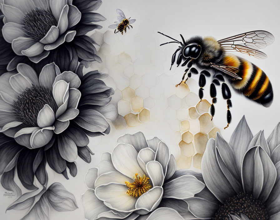 Detailed Hyperrealistic Illustration of Blooming Flowers, Bee, and Honeycomb Patterns