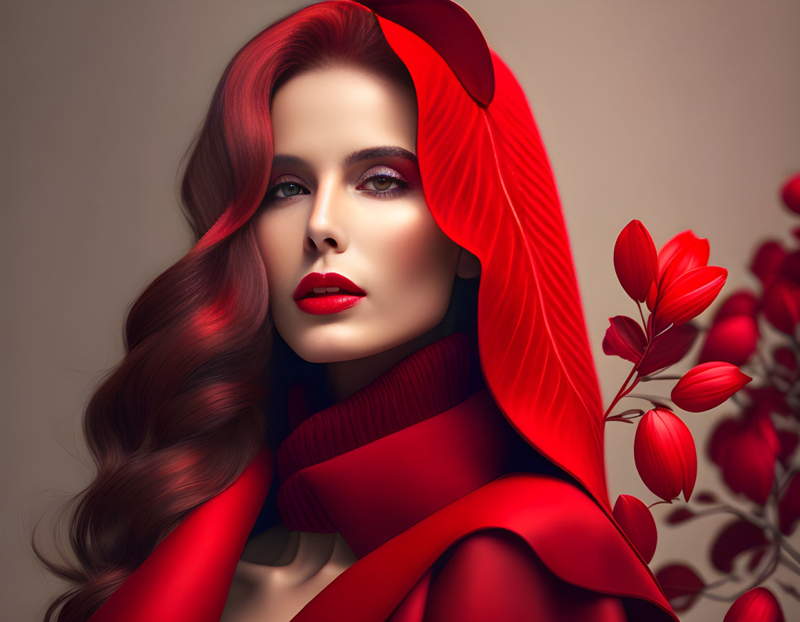 Vibrant red hair and lipstick woman in red outfit with red leaves background