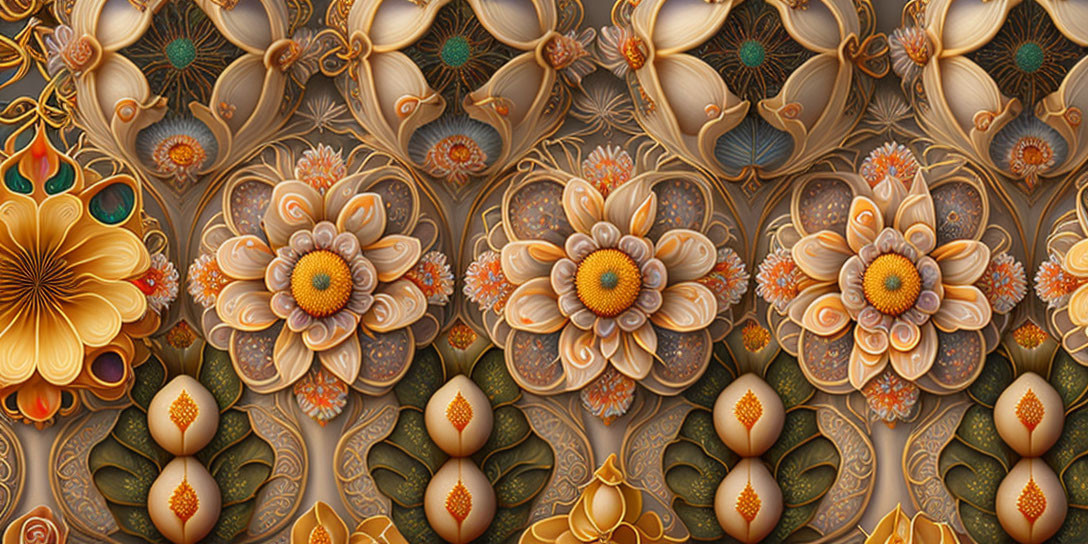 Detailed Floral Pattern with Rich Color Palette & Ornate Flowers