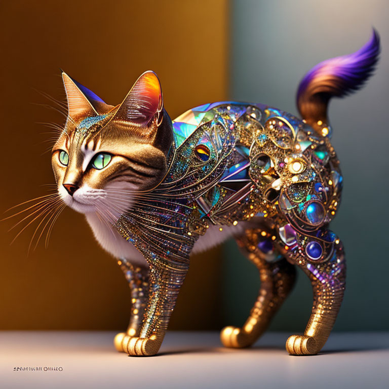 Digital artwork: Mechanical cat with realistic feline head, intricate body of gears and gemstones, soft