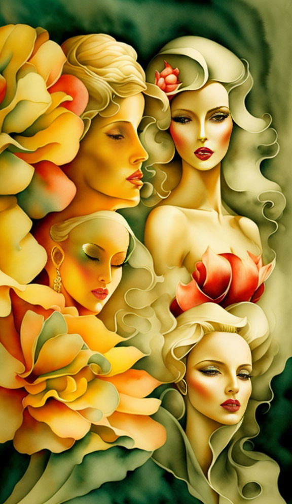 Four women with floral elements in surreal art.