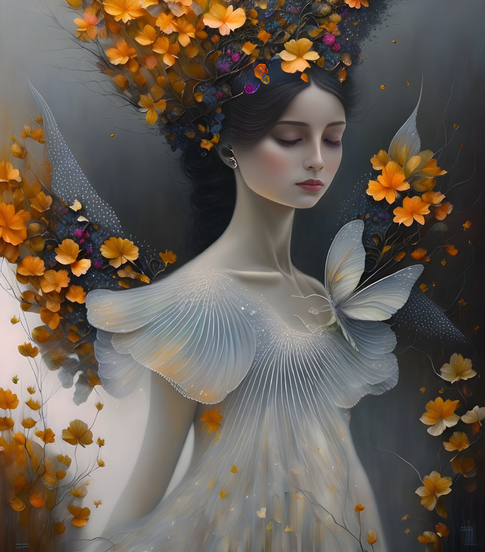 Woman with floral headpiece and butterfly wings in serene setting.