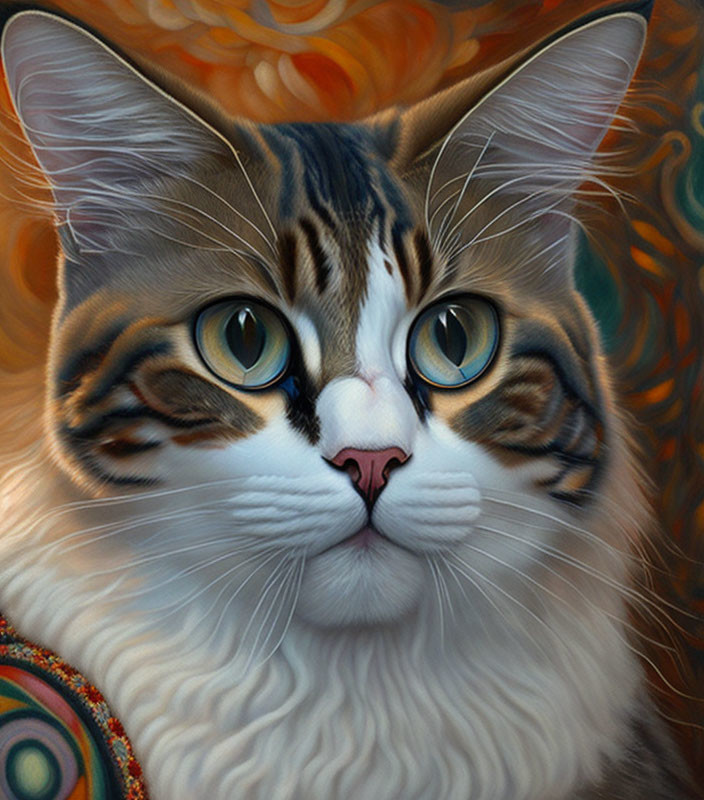 Close-up of cat with blue eyes and tabby markings on orange background