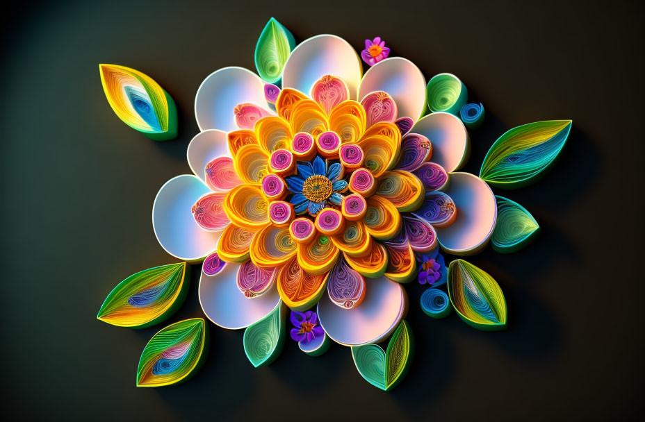 Colorful 3D quilled paper flower with intricate layers and patterns