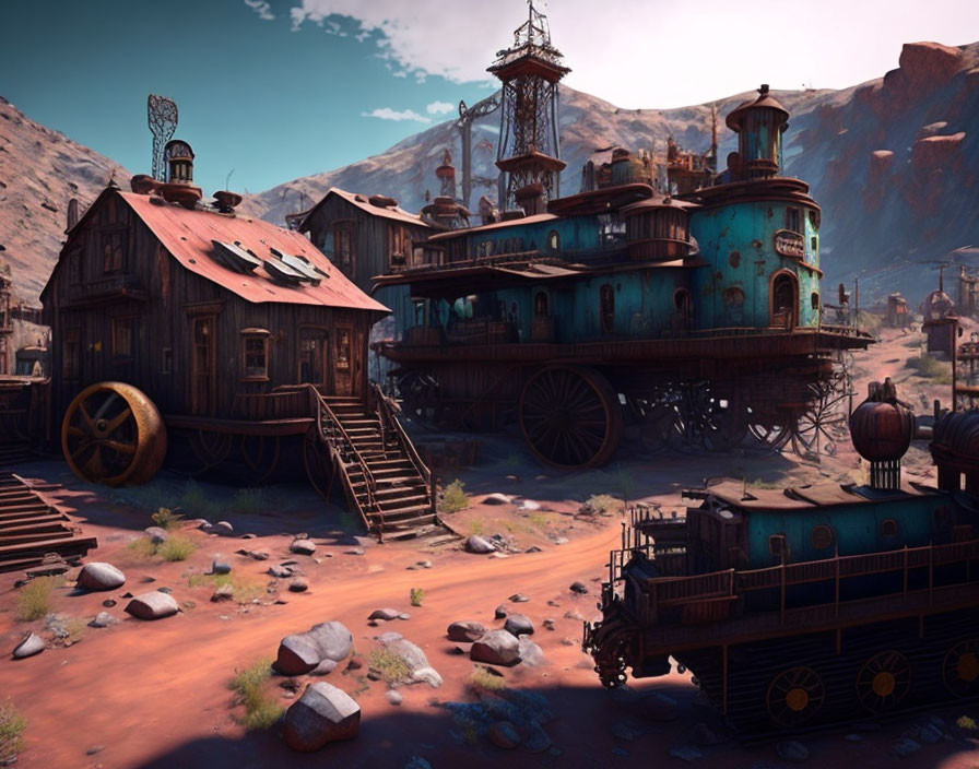 Steampunk-inspired desert scene with locomotive building and train on rocky terrain