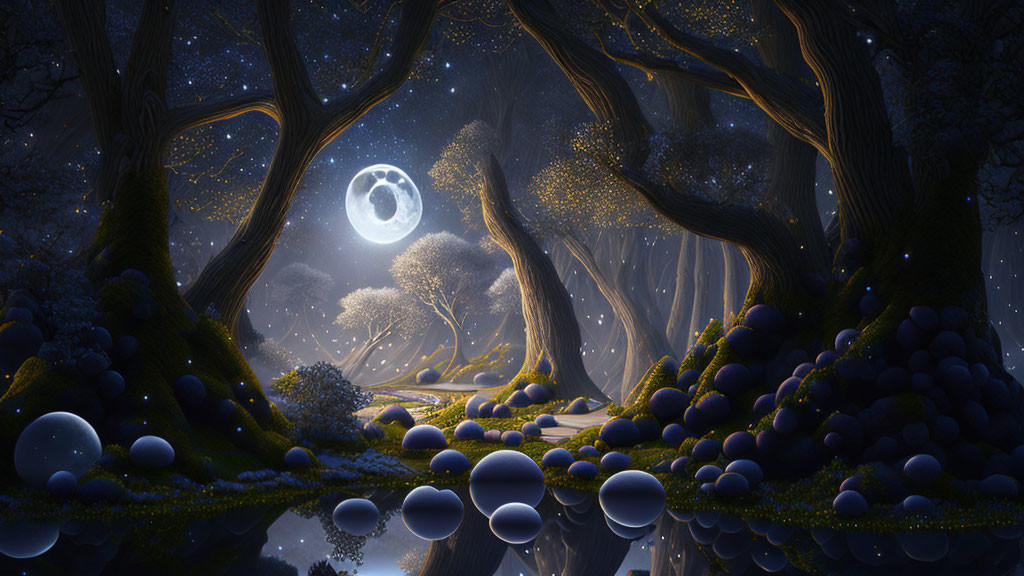Mystical forest with glowing orbs, ancient trees, and luminous moon