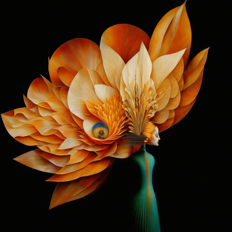 Woman's head merges into large orange flower in artistic rendering