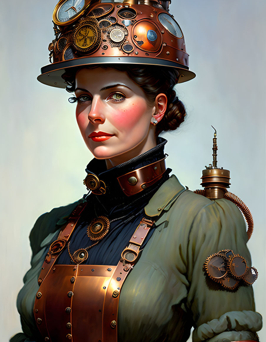 Steampunk woman in brass helmet and collar with Victorian design.