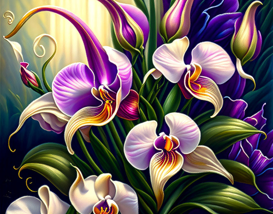 Vibrant digital painting of purple and white orchids with golden accents