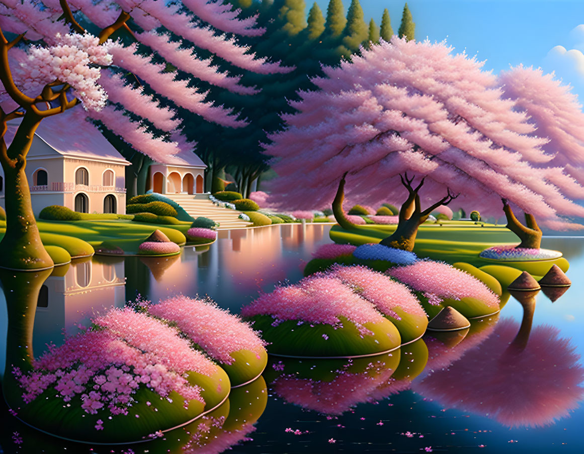 Tranquil pond with cherry blossoms, lush greenery, and elegant house in serene landscape
