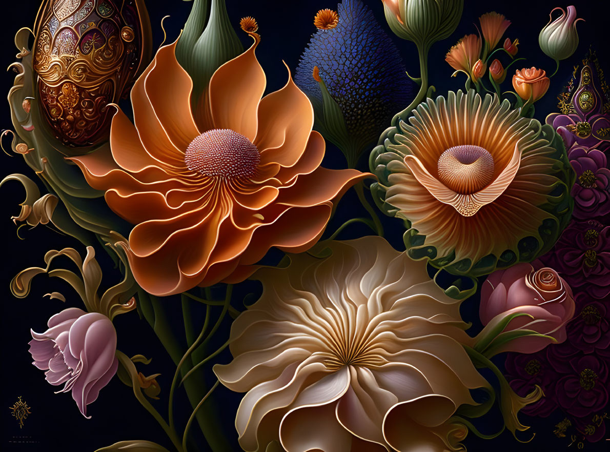 Detailed Digital Floral Composition with Vibrant Stylized Flowers