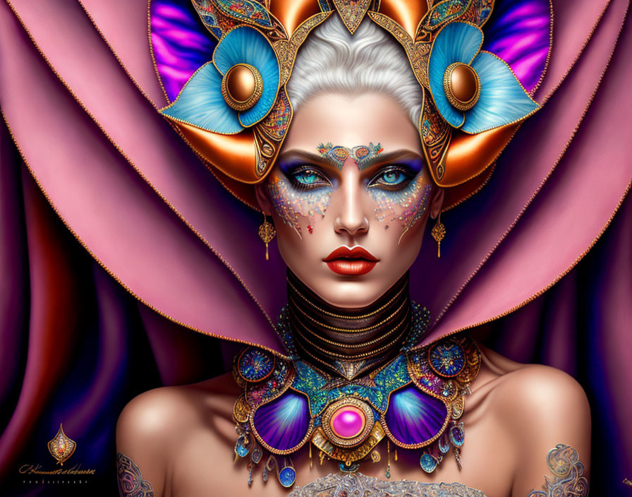 Colorful fantasy makeup and headdress on a woman in an illustrated portrait