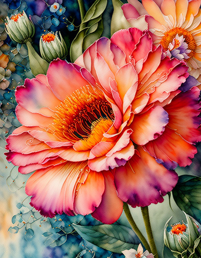 Detailed Illustration of Large Pink and Orange Flower with Colorful Background