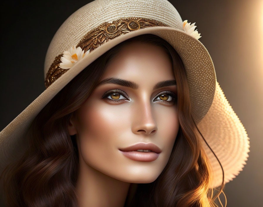 Brown-haired woman with striking eyes in flower-decorated sun hat.