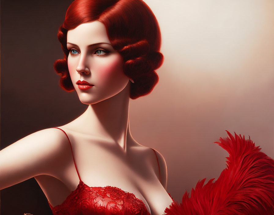 Digital portrait of woman with red hair in vintage waves, pale skin, red lace dress, and feather