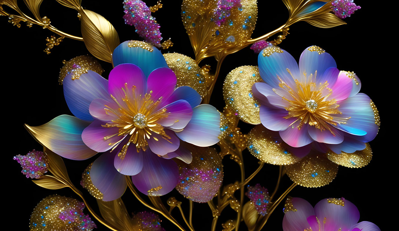 Stylized iridescent flowers with golden glitter on dark backdrop