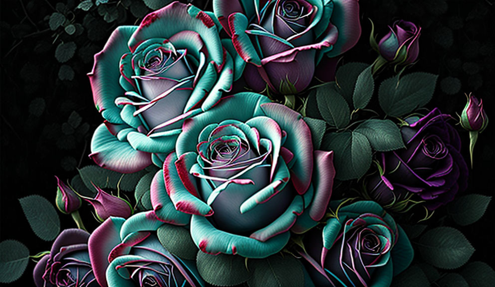 Digitally Enhanced Multi-Hued Rose Bouquet on Dark Background