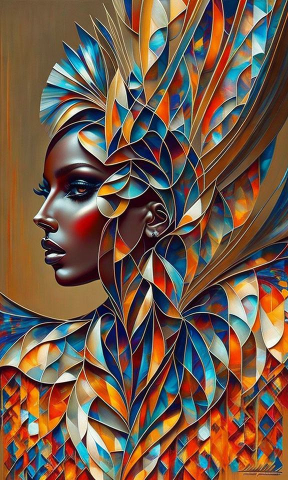Vibrant digital portrait of a woman with blue and orange feather headdress