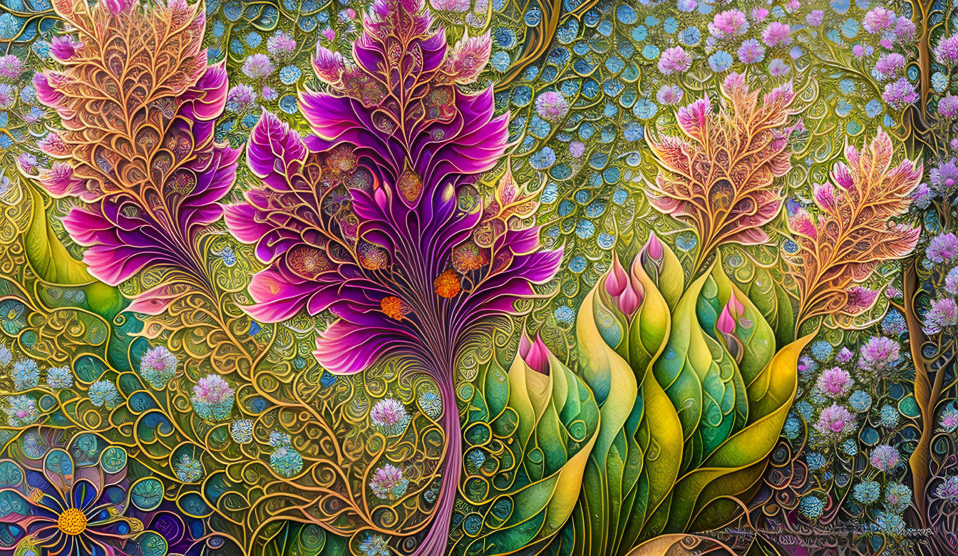 Colorful Floral Patterns on Textured Background: Detailed and Intricate Illustration of Fantastical Bot