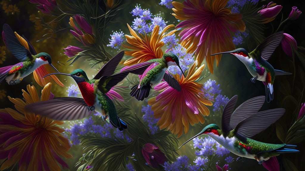 Colorful hummingbirds among lush, dark flowers
