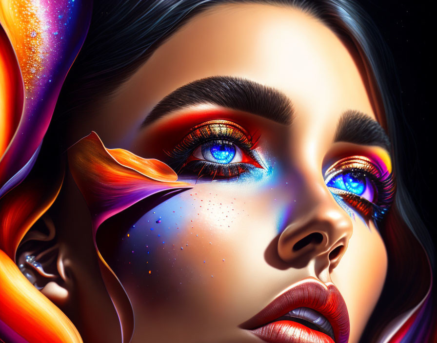Colorful digital portrait of a woman with blue eyes and abstract cosmic floral accents