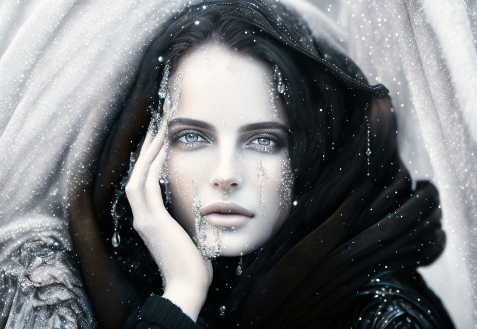 Woman with piercing blue eyes in hooded winter scene portrays ethereal beauty