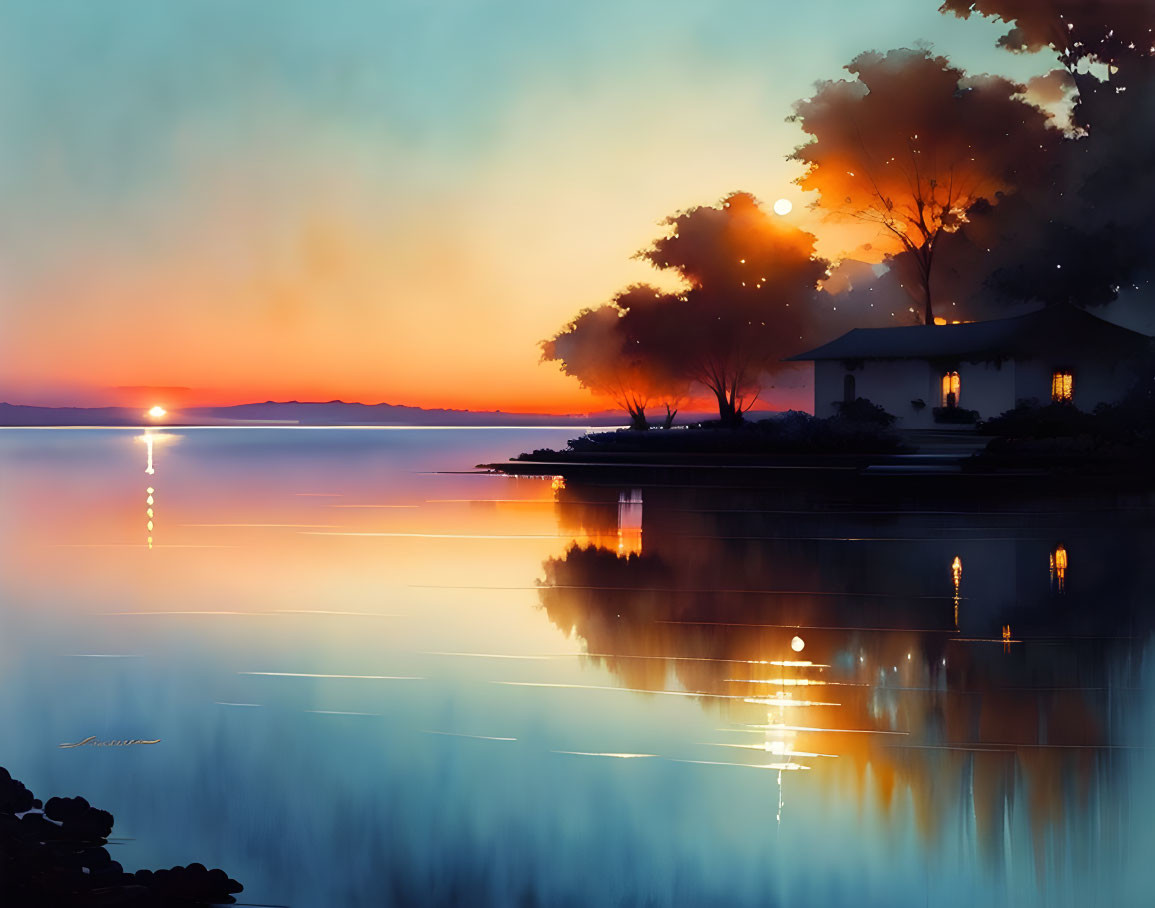 Tranquil sunset over calm waters with house silhouette and reflections