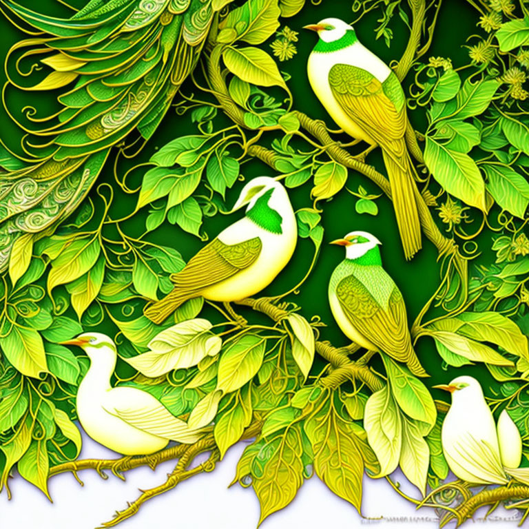 Colorful illustration of three stylized birds in lush foliage