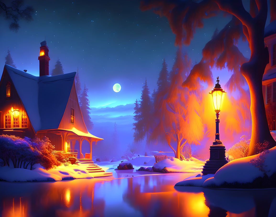 Snowy Night Scene: Cozy Cottage, Streetlamp, Full Moon