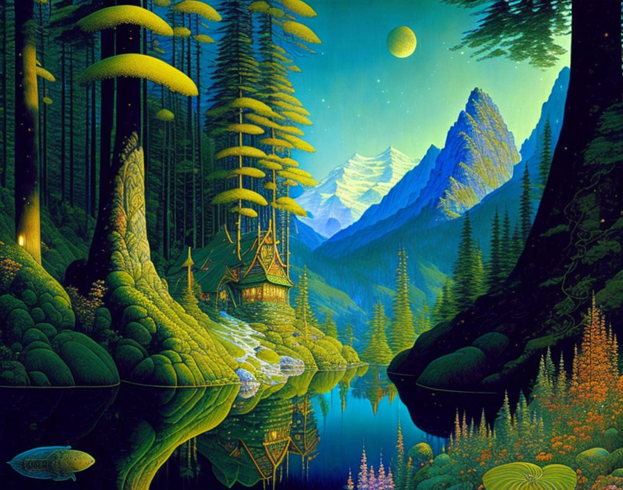 Fantastical landscape with towering trees, reflective lake, cabin, plants, mountains, moonlit sky