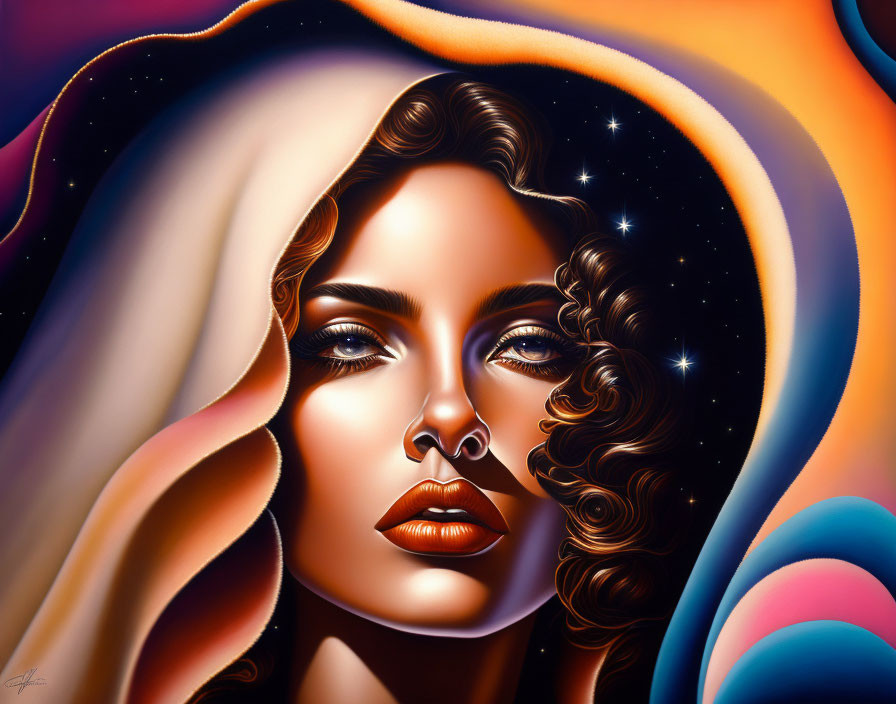 Vibrant surreal portrait of a woman with cosmic forms and starry backdrop