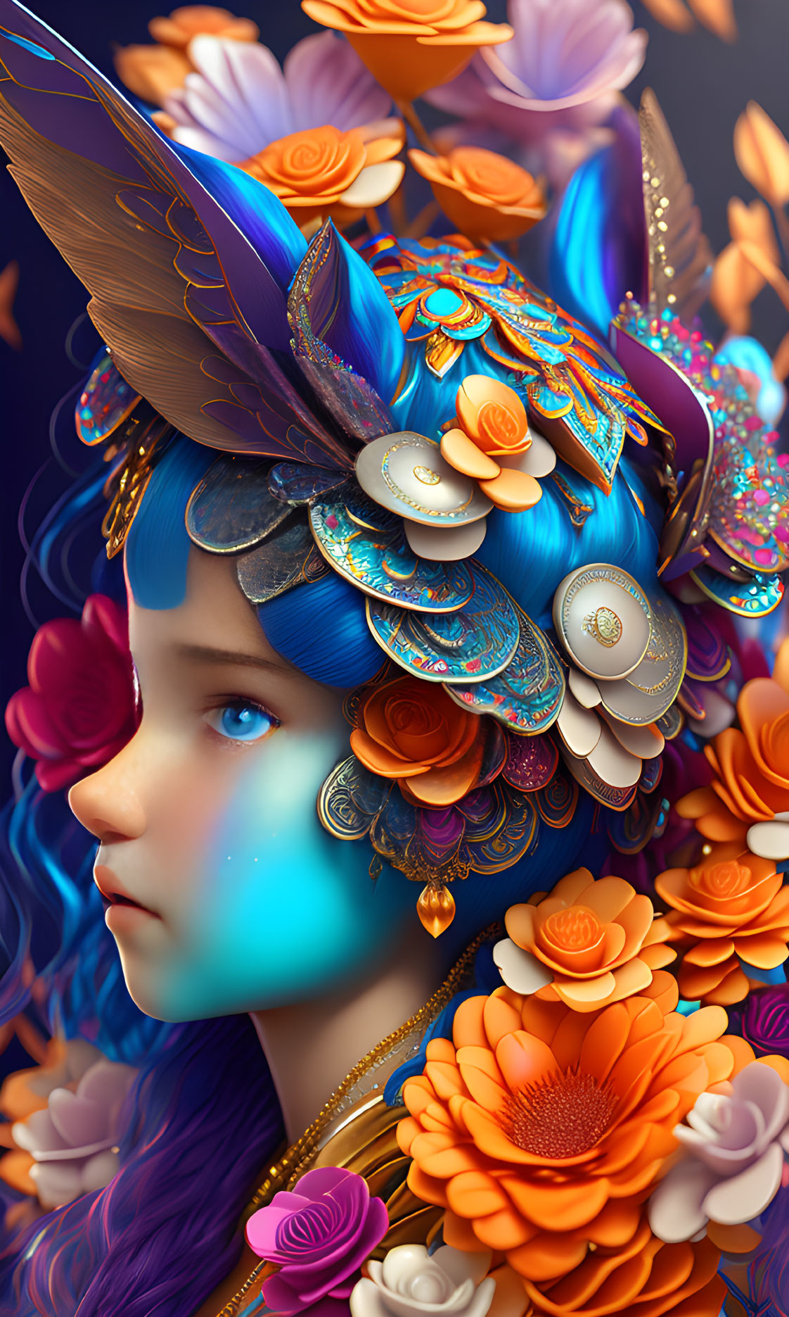 Colorful digital artwork: Blue-skinned person with purple hair and ornate headdress