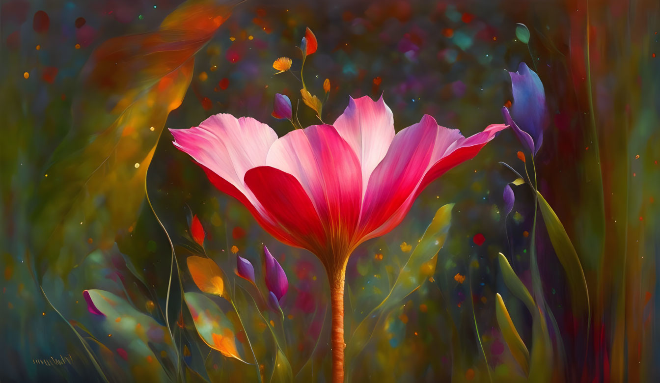 Colorful Digital Painting of Luminous Red Flower in Mystical Meadow