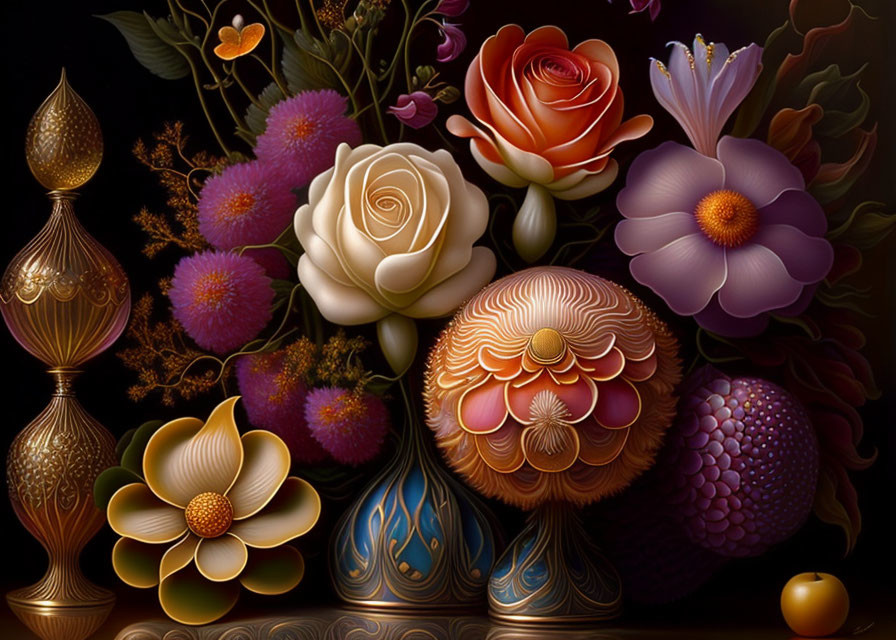 Vibrant stylized flowers and ornate vases in digital still life