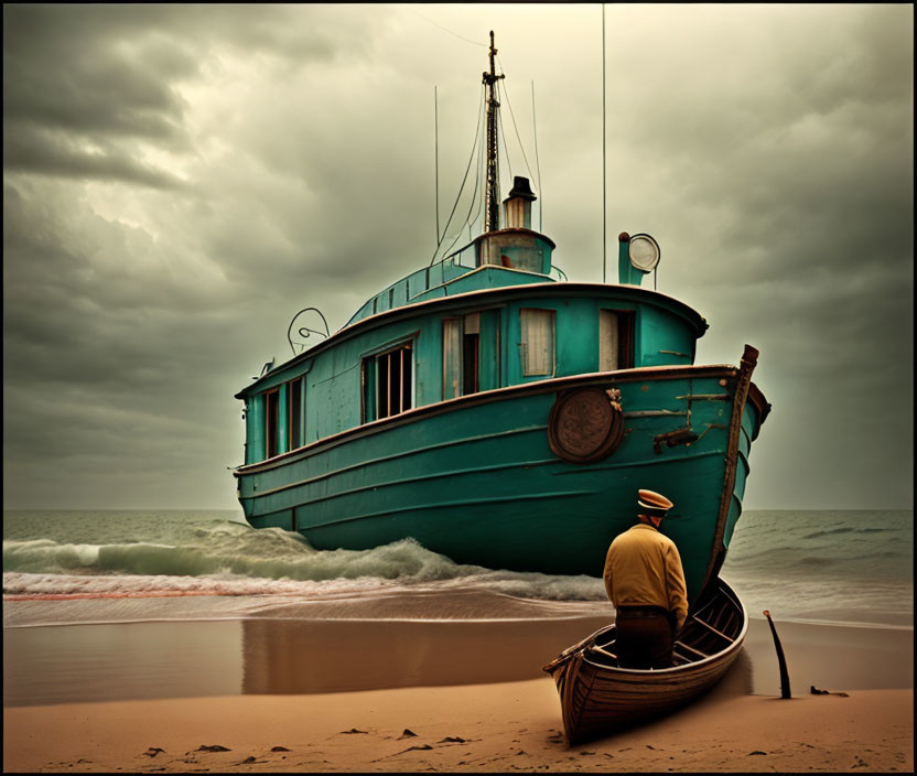 Small boat observer views beached turquoise ship under dramatic sky