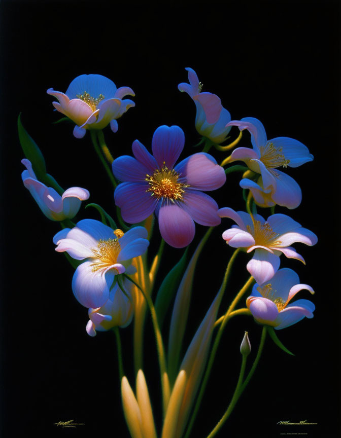 Blue Columbine Flowers with White Edges and Yellow Stamens on Dark Background